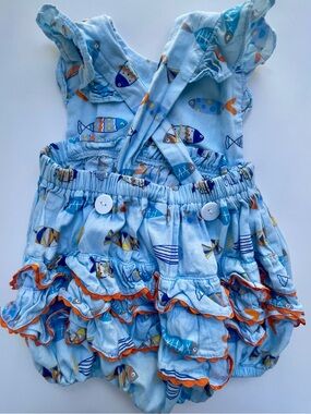 9 months Ruffles and Frogs Boutique Blue Fish Print Baby Girl Bubble Romper